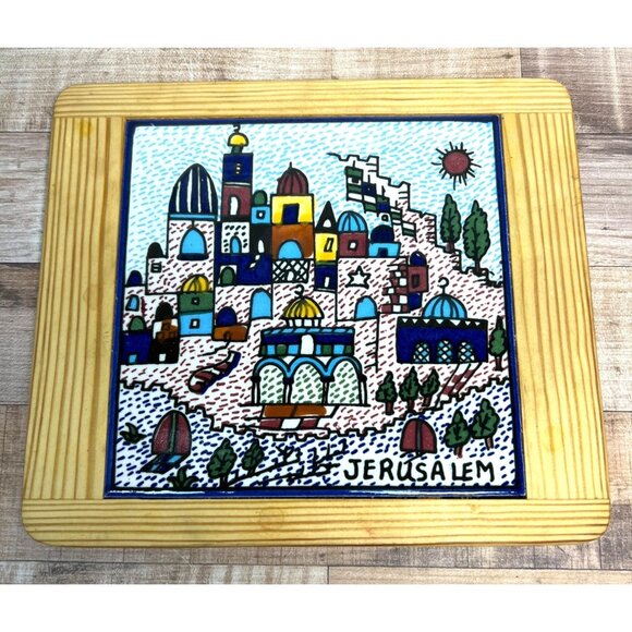 Handmade Fakhory Pottery Jerusalem Wooden Cutting Board With Hand-Painted Cerami - Picture 1 of 3